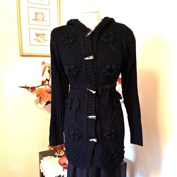 NWT Woman's Black Hooded Cardigan Coat Knit Lightweight Warm & Elegant Outerwear - Picture 1 of 12